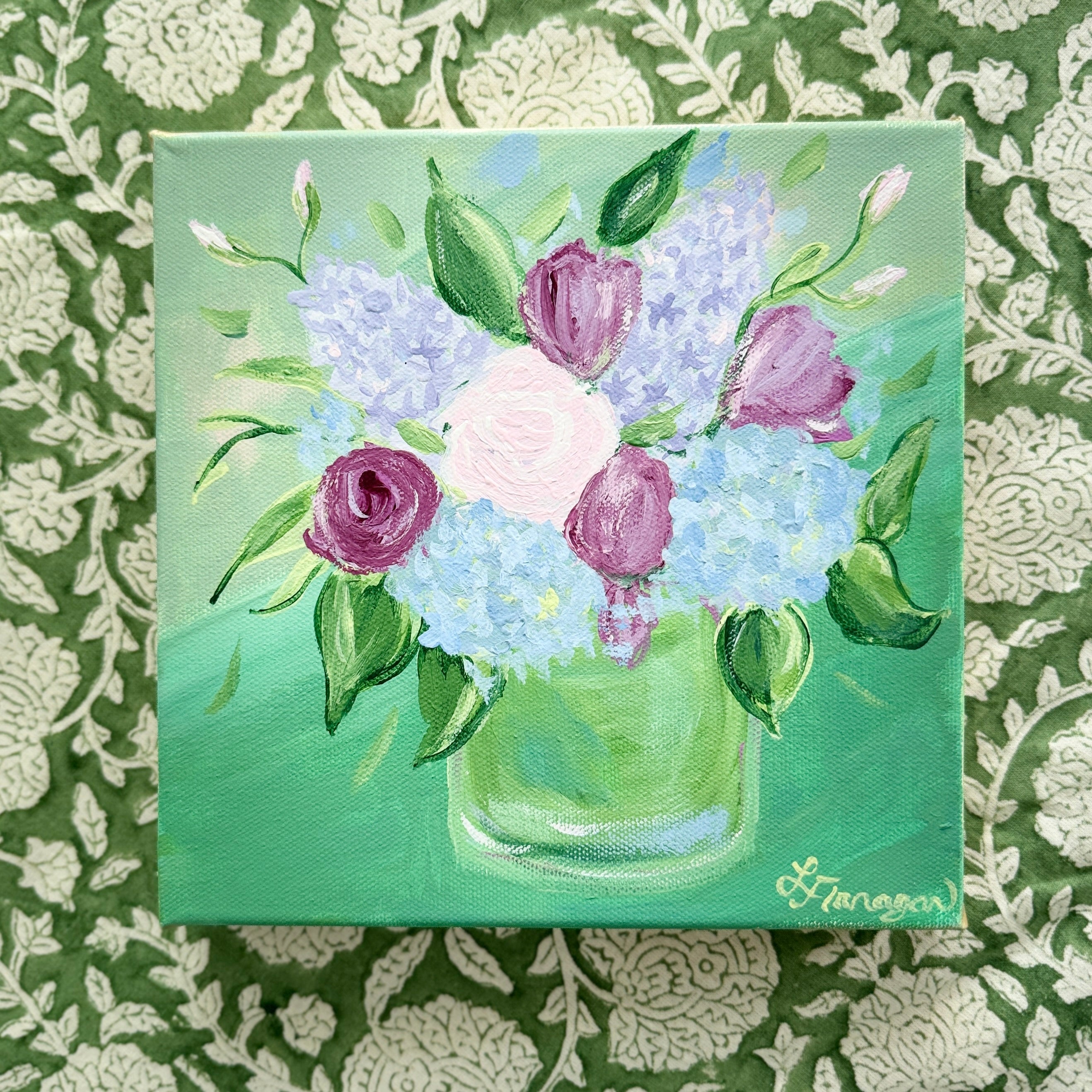 Green Vase of Spring Flowers Acrylic Painting