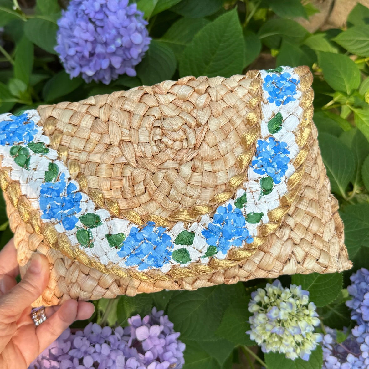 Hand Painted Hydrangea Straw Clutch