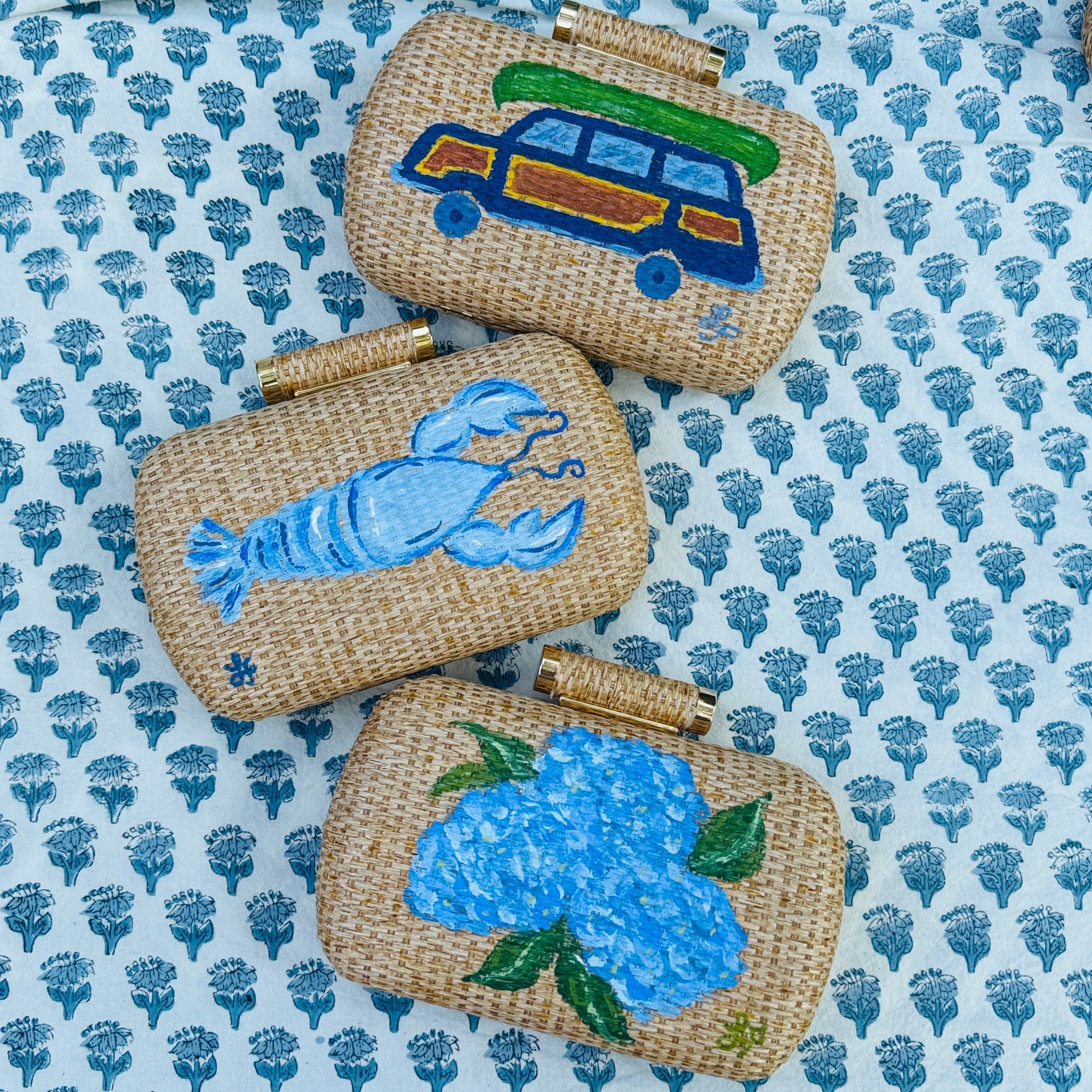 Hand Painted Blue Lobster Rattan Clutch