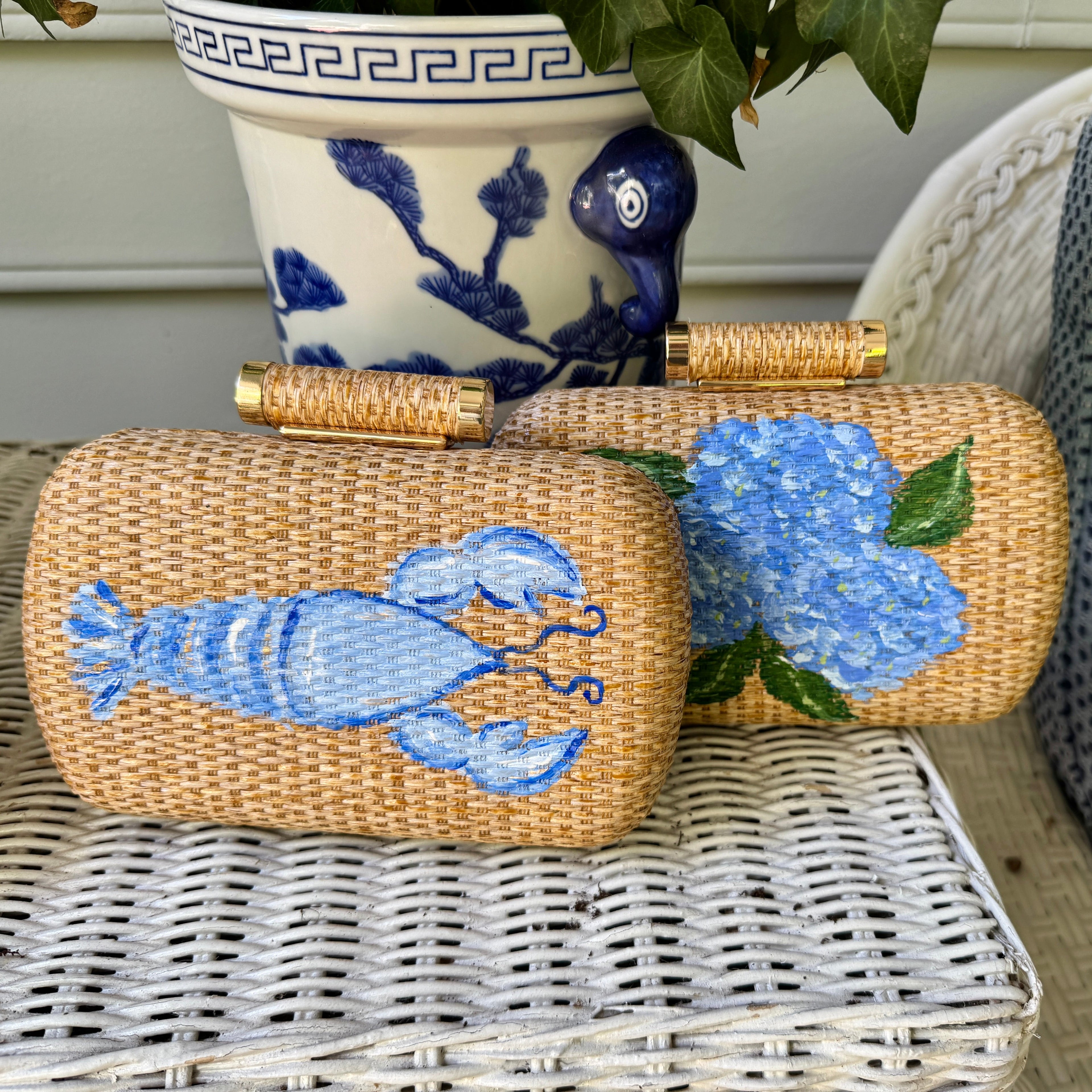 Hand Painted Blue Lobster Rattan Clutch