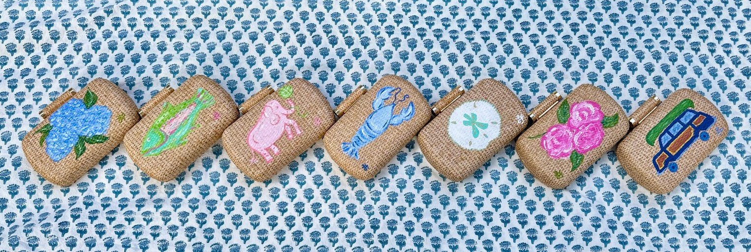 Hand Painted Blue Lobster Rattan Clutch