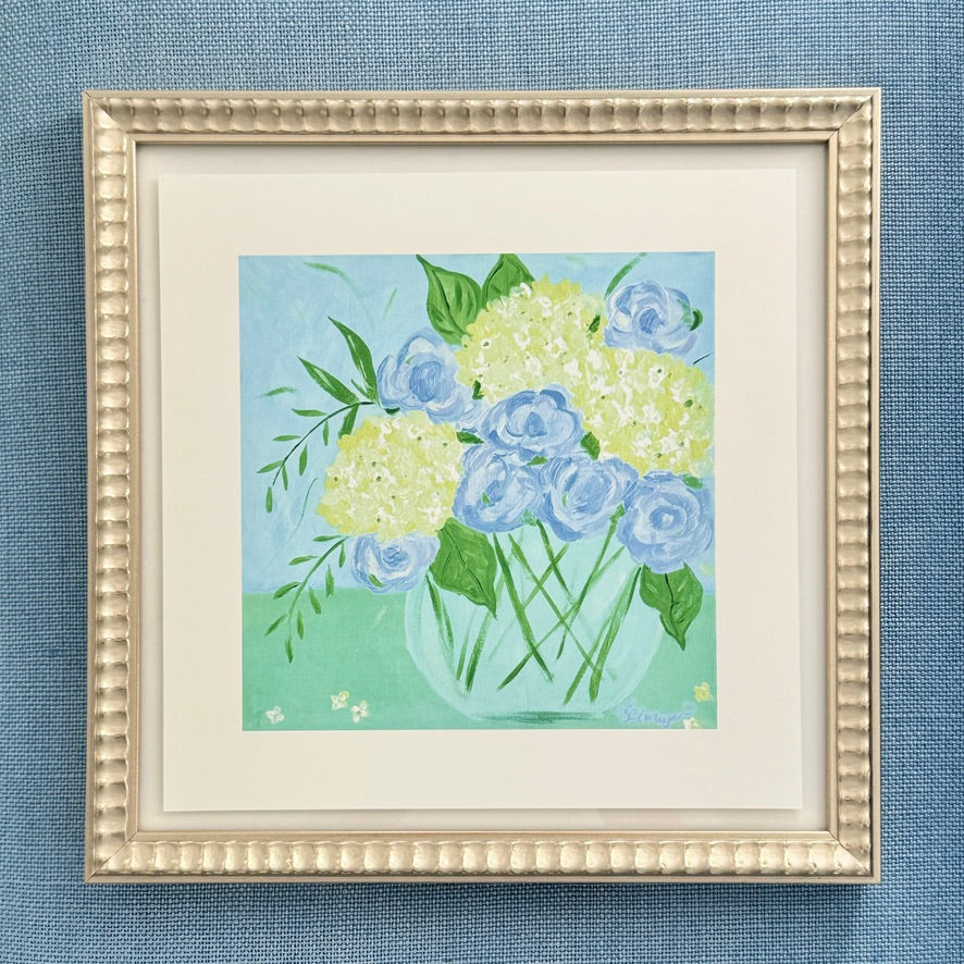 White Hydrangeas on Green Table Art Print