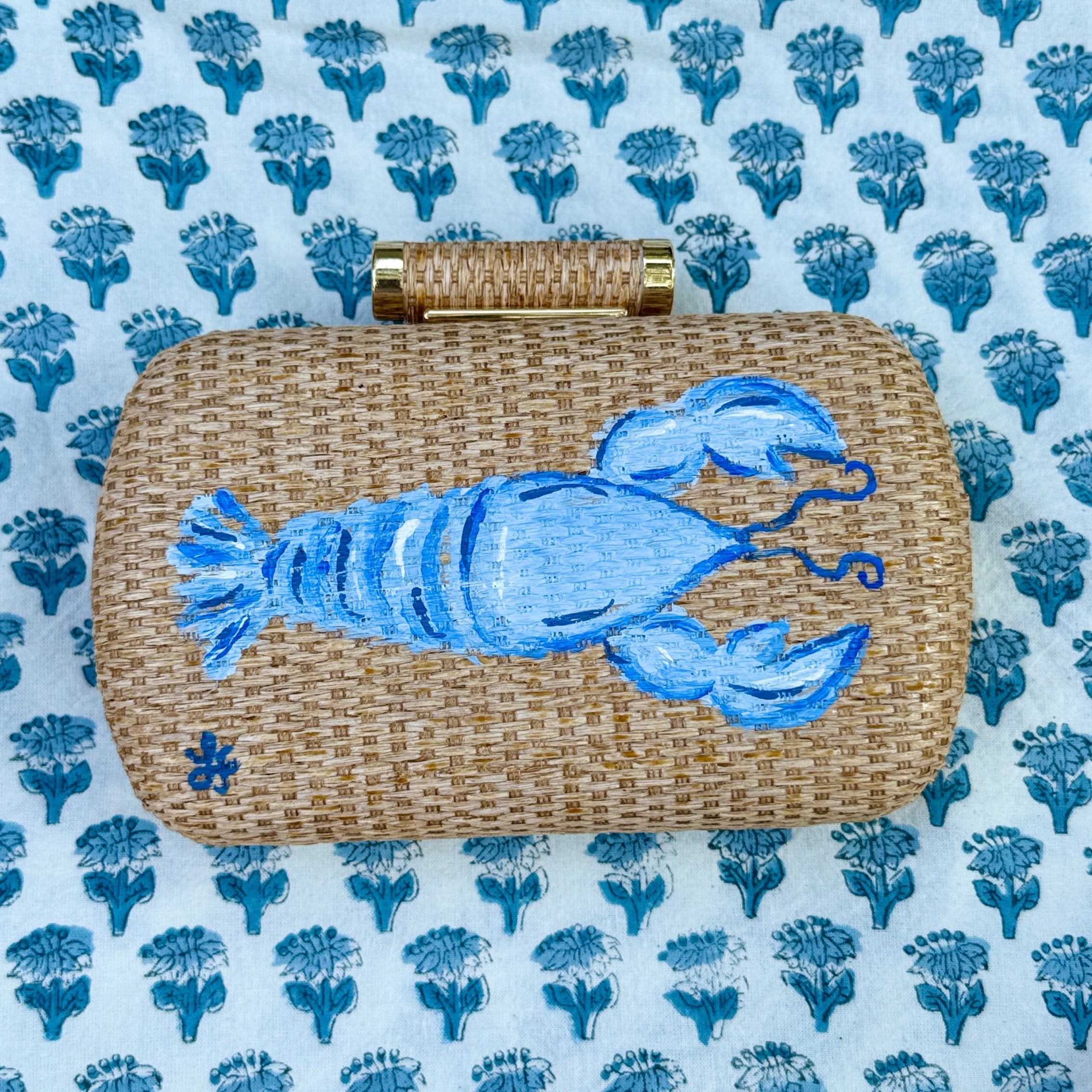 Hand Painted Blue Lobster Rattan Clutch