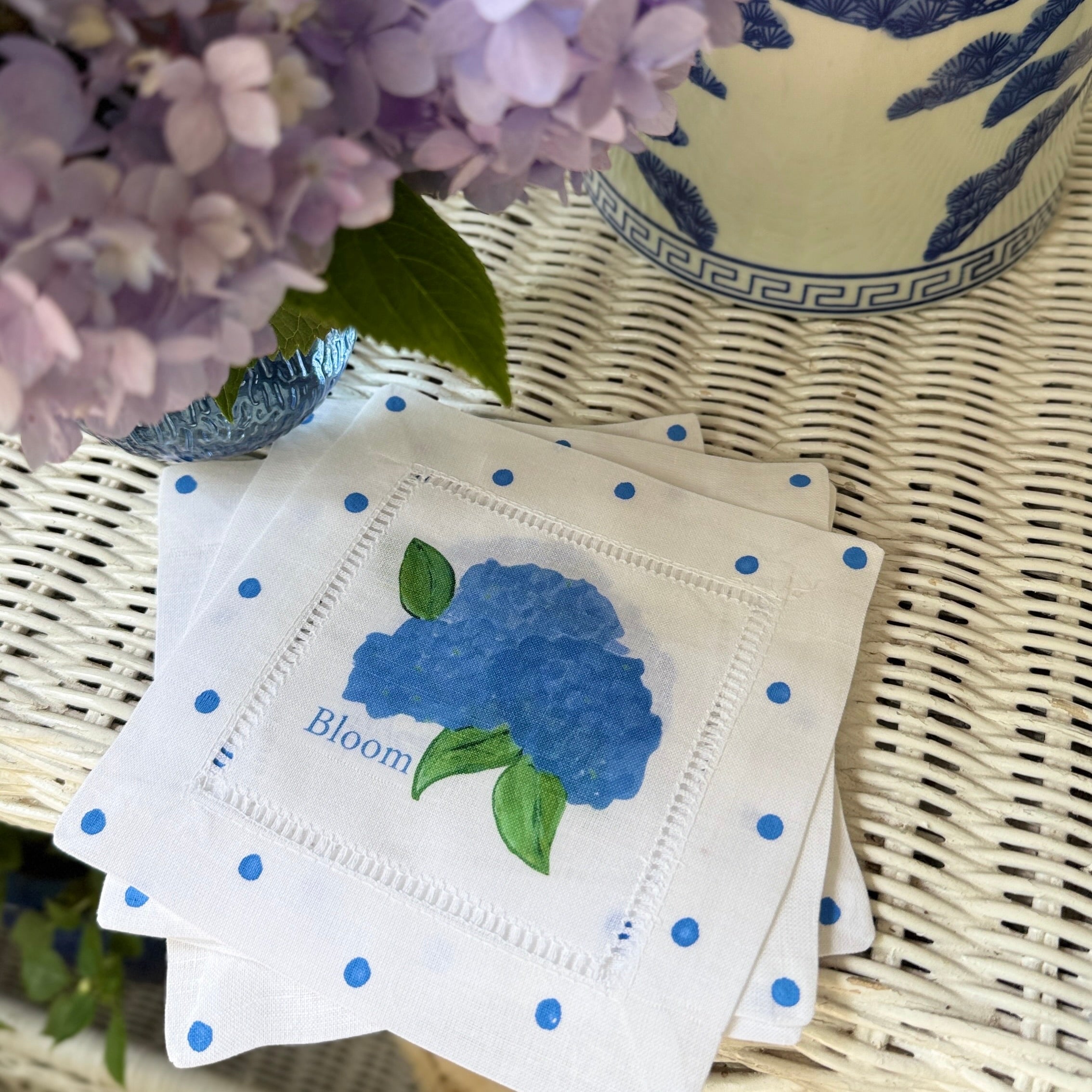 Blue Hydrangea Blossoms Linen Cocktail Napkins