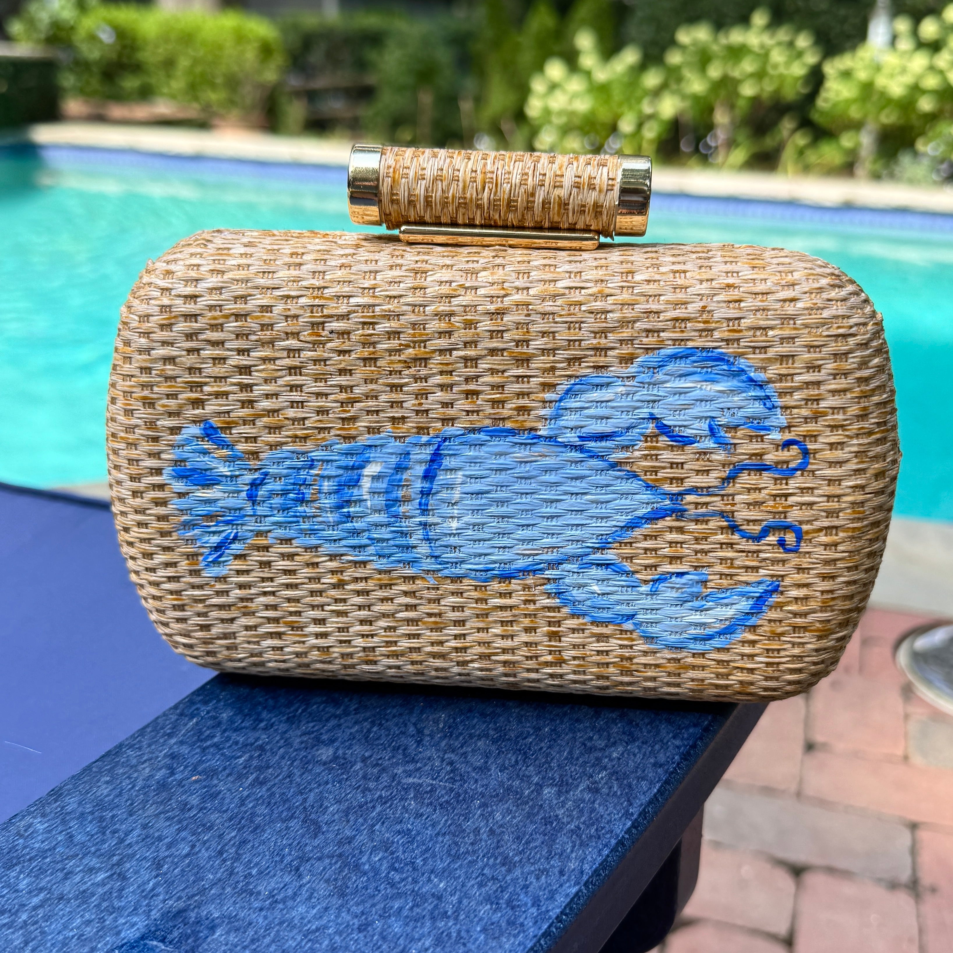 Hand Painted Blue Lobster Rattan Clutch