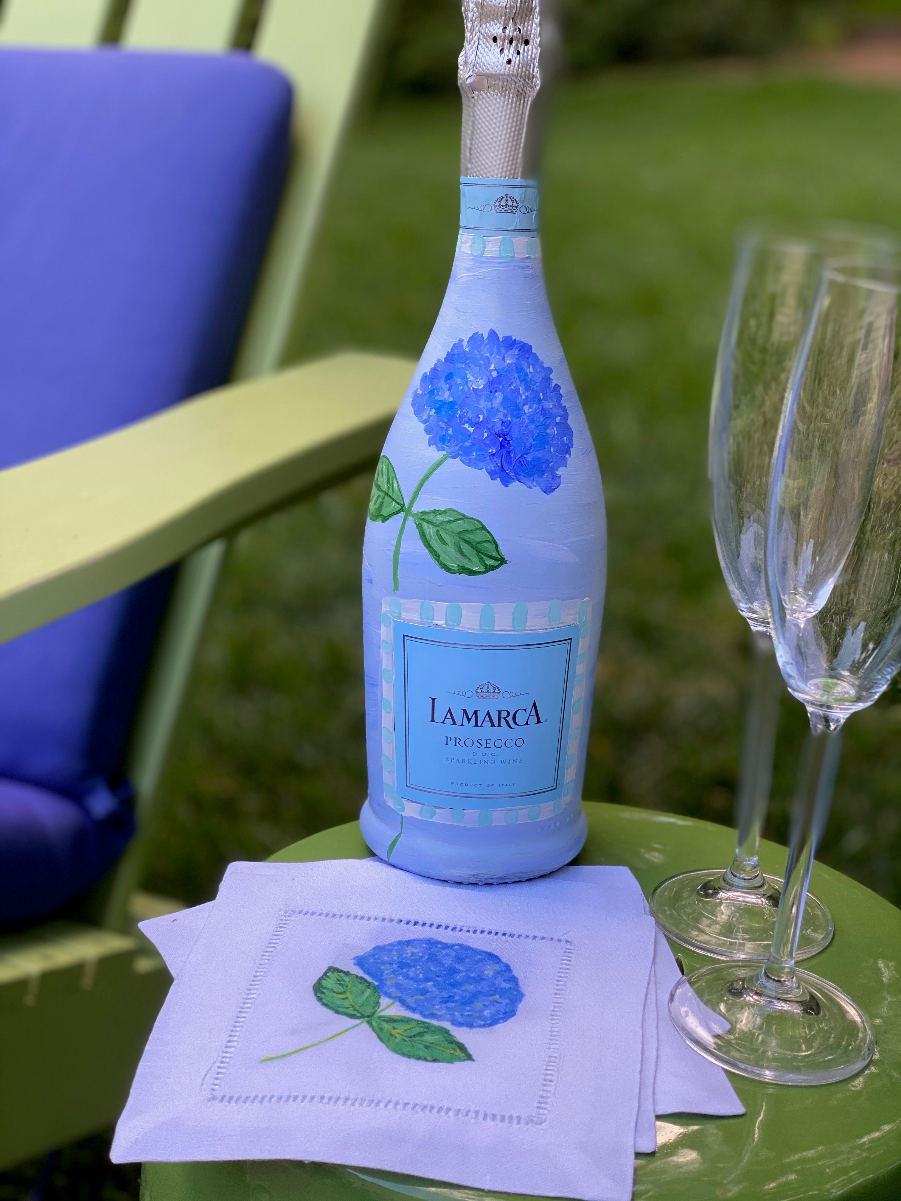 Hand Painted Hydrangea Prosecco Bottle and Linen Cocktail Napkins Gift Set