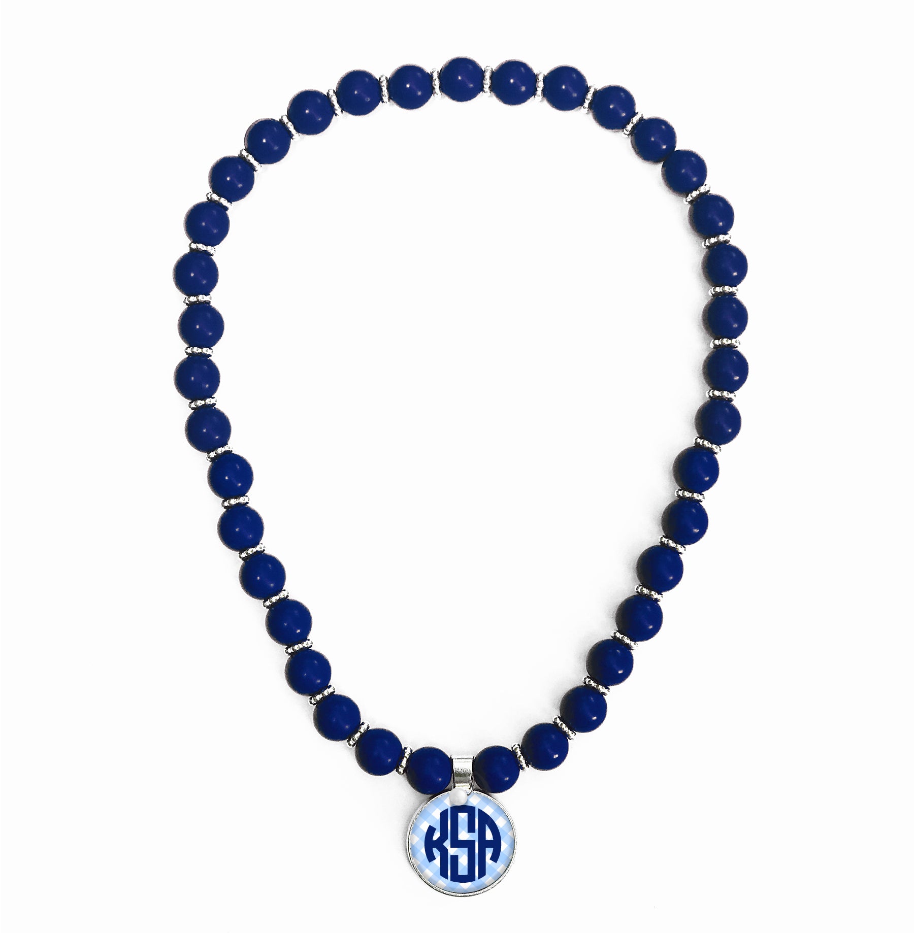 Beaded Monogram Necklace - Blue Gingham