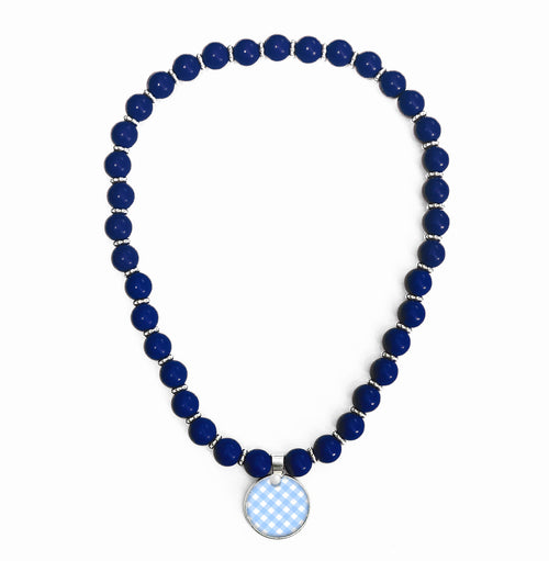 Beaded Monogram Necklace - Blue Gingham